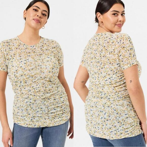 Torrid Stretch Mesh Crew Neck Ruched Top In Ditsy Floral Print Plus Size 3X - Picture 1 of 15